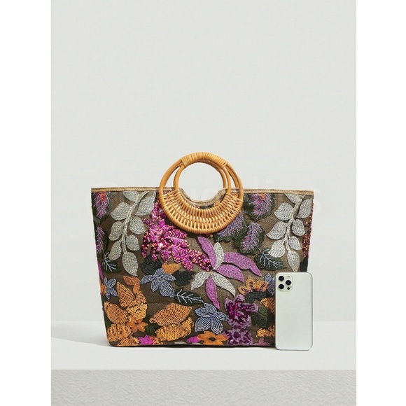 Sequined Floral Decorated Straw Tote Bag Bamboo Handle - Picture 12 of 13